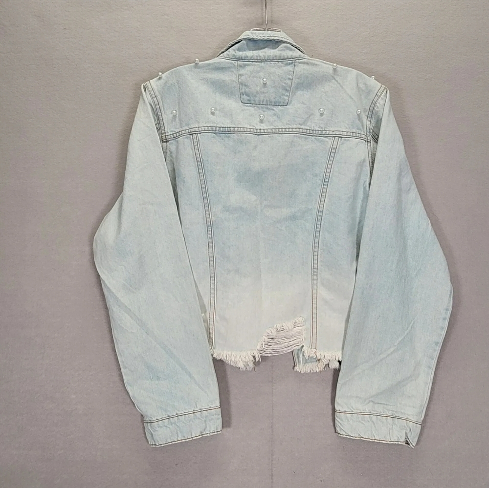 Womens Light Wash Peplum Destructed Hem Detail Jacket Stylish Windbreak size XL - Picture 2 of 16